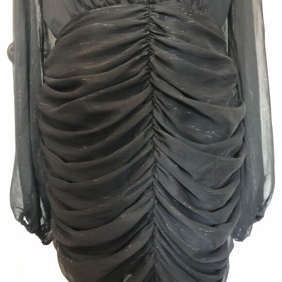 House Of Harlow 1960 Womens Dress Size 10 Black Ruffled Mock Neck Button Up Mini - Picture 6 of 8